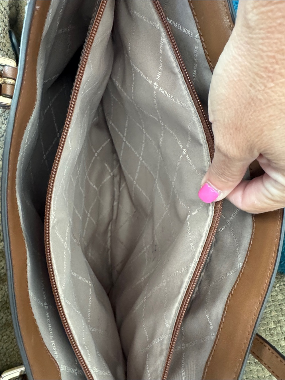 Michael Kors Two-Tone MK Logo Tote in Brown and Cream - Picture 7 of 13